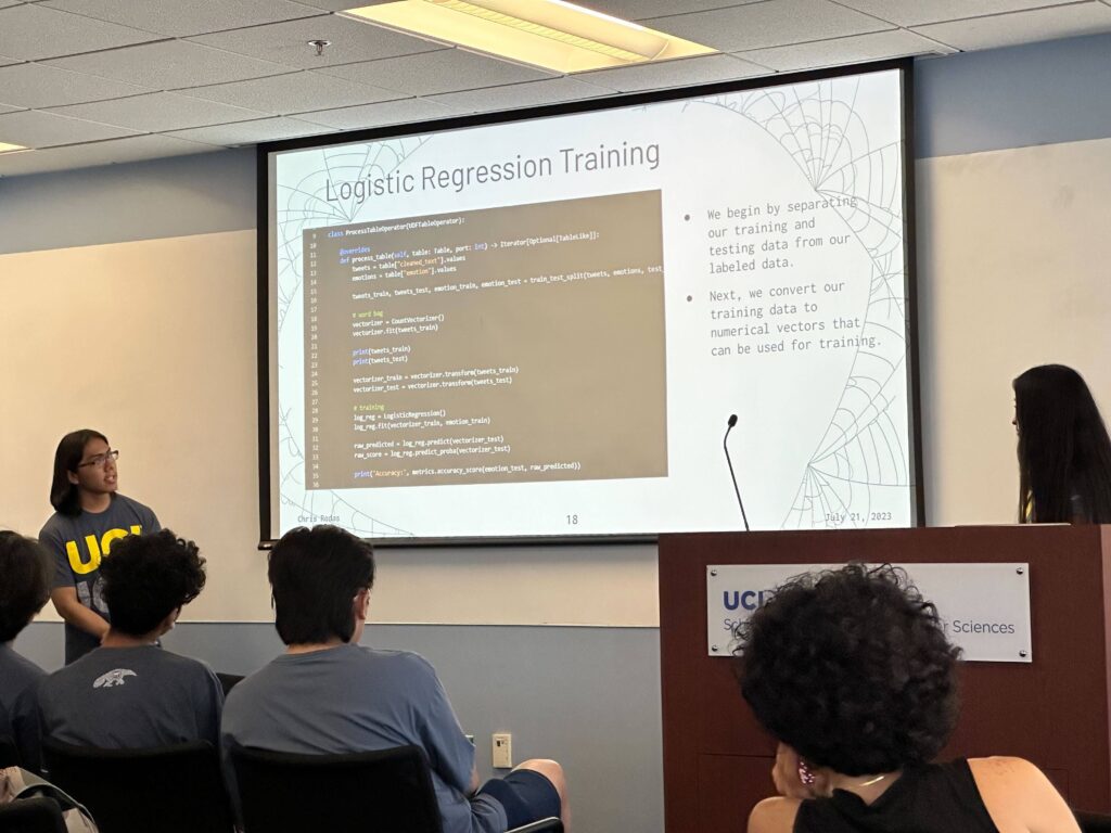 Two students in front of a large screen showing a slide titled “Logistic Regression Training” with a segment of code.